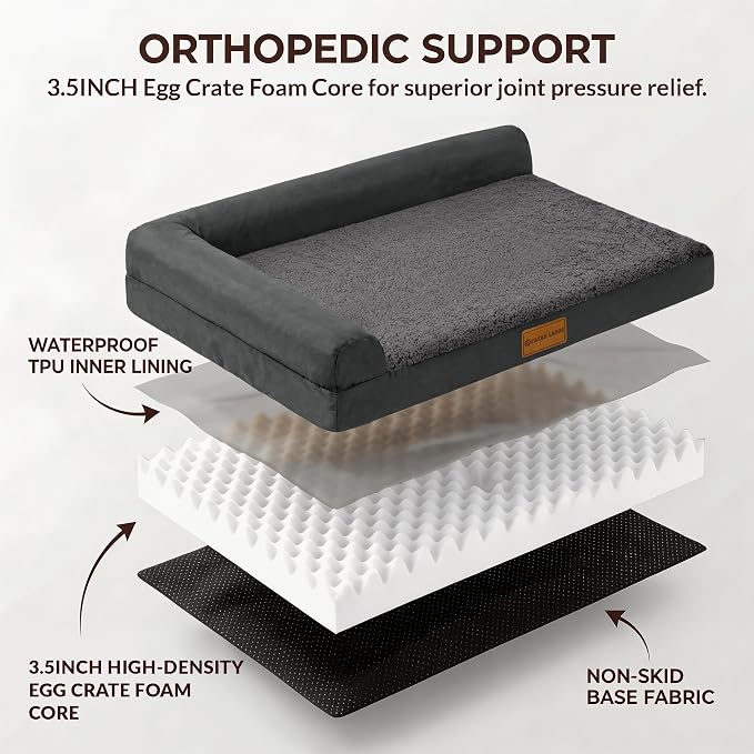 Patas Lague Orthopedic Medium Dog Bed Washable Pet Sofa Bed 30X20 Dark Grey | 2-Sided Bolster Egg-Crate Foam Dog Couch Medium Size Dogs, Waterproof Removable Washable Cover, Nonskid Bottom Pet Crate Mat