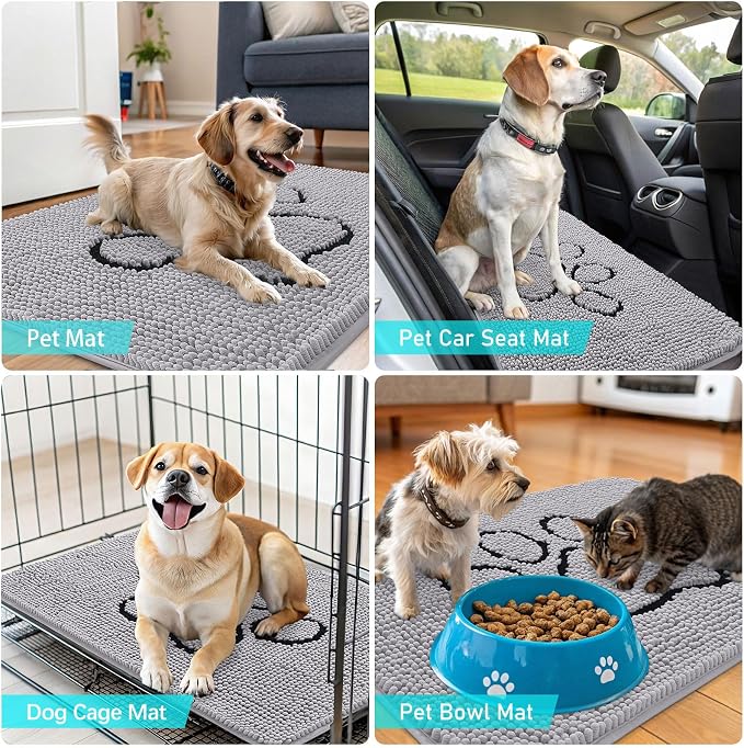 OLANLY Dog Door Mat for Muddy Paws 30x20, Paw Print Design Chenille Mud Mat | Light Grey, Absorbent, Traps Moisture and Dirt, Non-Slip Washable Doormat, Quick-Drying Indoor Entryway Floor Carpet for Dogs
