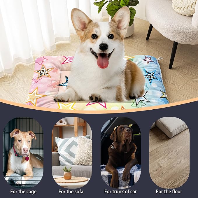 HOSIMA Star Pattern Pet Bed Mat,Fuzzy Washable Pet Crate Pad,Soft Cozy Dog Sleeping Mat,Plush Pad Suitable for Large Fluffy Dog Bed,42L*32W Inch,Colorful.