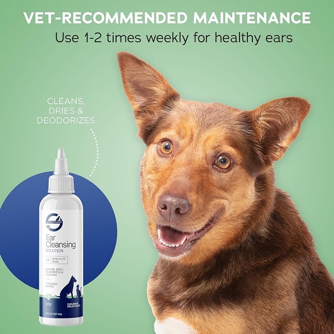 Ear Cleansing Solution - Sweet Pea Vanilla - 8oz | Ear Cleaner & Drying Solution for Dogs & Cats w/Aloe Vera to Wash Debris and Wax - Odor & Irritation Relief