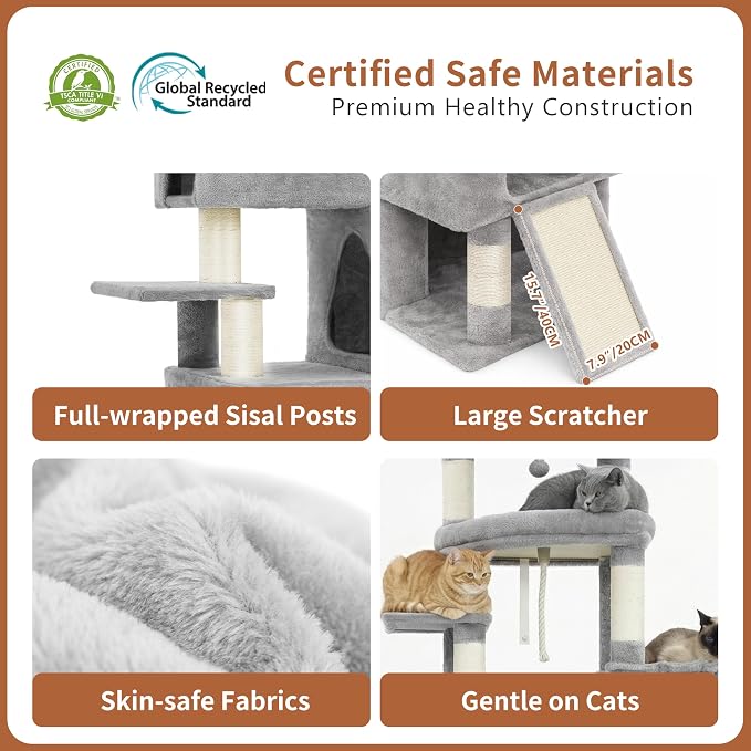 Heybly Cat Tree, 74-Inch Streamlined Cat Tower for Large Cats HCT061W | Cat Furniture with 3-Tier Stacked Condos, Large Perch, Sturdy Base, Full Sisal Scratching Posts & Ramp, Light Gray