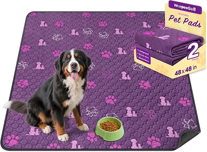 WanpeeGoo Washable Pee Pads for Dogs, Waterproof, 48 x 48 in, 2 Pack, Purp | Super Absorbent, Waterproof and Non-Slip; Washable, Reusable Dog Pads for Crates, Playpens, Floors, Furniture and Travel