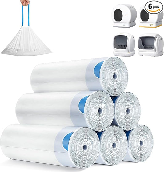 MeoWant Cat Litter Box Liner -120PCS Heavy Duty Drawstring Trash Bags for MeoWant MW-SC01/MW-SC02 Automatic Self-Cleaning Boxes, Extra Thick Leakproof, 6 Rolls (20 Bags/Roll)