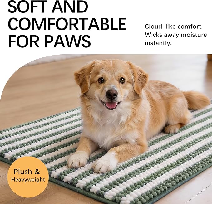 Dog Door Mat for Muddy Paws - Absorbent Quick-Dry Non-Slip Washable Chenille Pet Rug, Indoor Entryway Mat for Front Door & Crate (Green, 34" L*23" W)