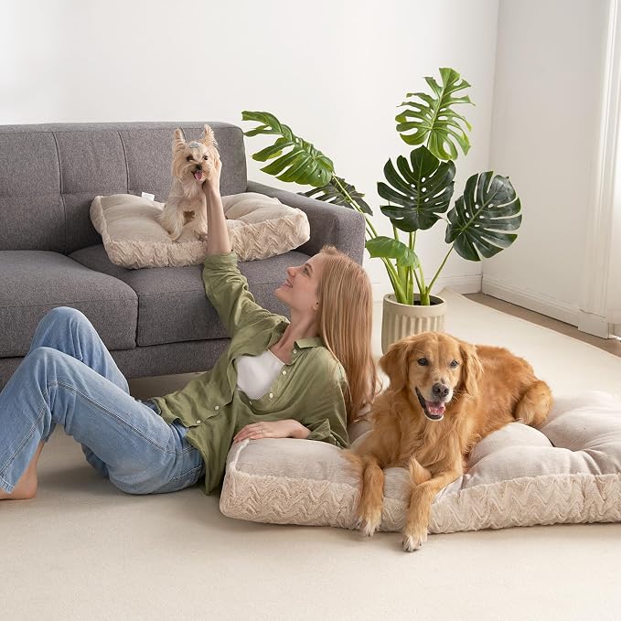 EHEYCIGA XXL Washable Dog Bed for Crate 47x29 Inch, Kennel Pad for Extra Large Dogs Up to 100 lbs, Plush and Comfy Pet Sleeping Mat, Beige