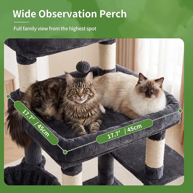 Heybly Floor to Ceiling Cat Tree, 104.7"-116.5" Height-Adjustable HCT92G | Expanded Wide Cat Climbing Tower with Wide Perch, 2 Spacious Cat Condos & 15 Scratching Posts for Indoor Cats, Smoky Gray