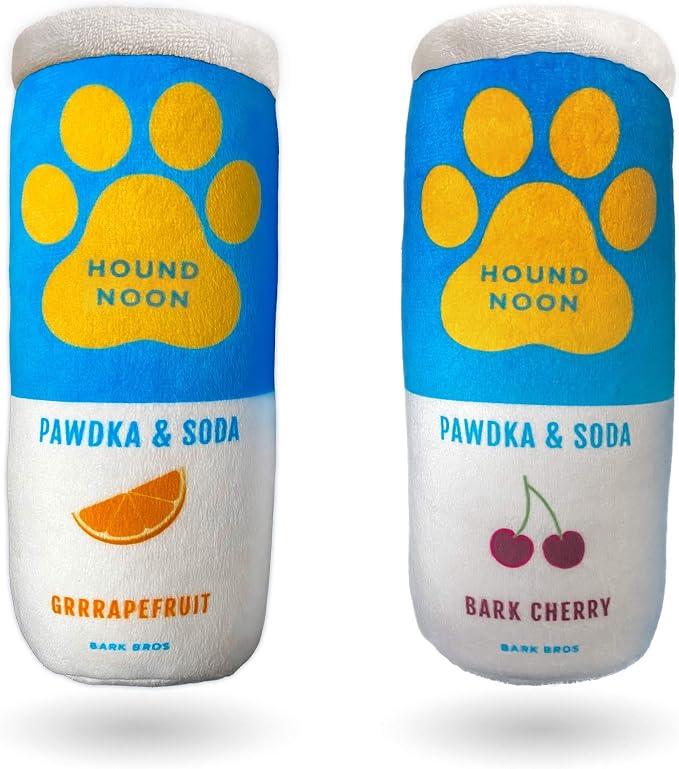 Bark Bros - Hound Noon - Two Pack Plush Squeaky Dog Toys Funny Drink Parody - Alcohol Dog Toy - Dog Birthday Toy - Cute Dog Toys - Beer Dog Toy - Puppy Gifts (Hound Noon Pawdka & Soda)