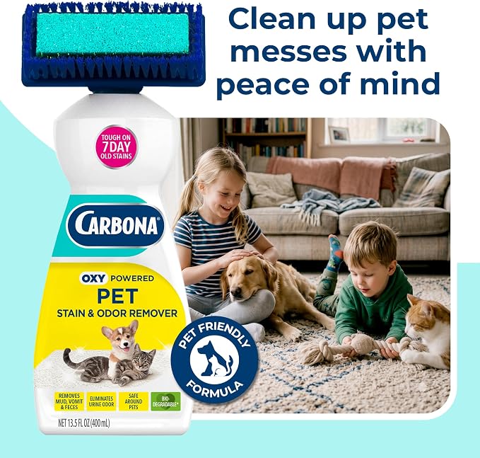 Carbona 2-in-1 Oxy-Powered Pet Stain & Odor Remover (13.5 Fl Oz), Carpet Spot Cleaner Removes Urine Odor, Lifts Mud & Vomit Stains, Prevents Resoiling