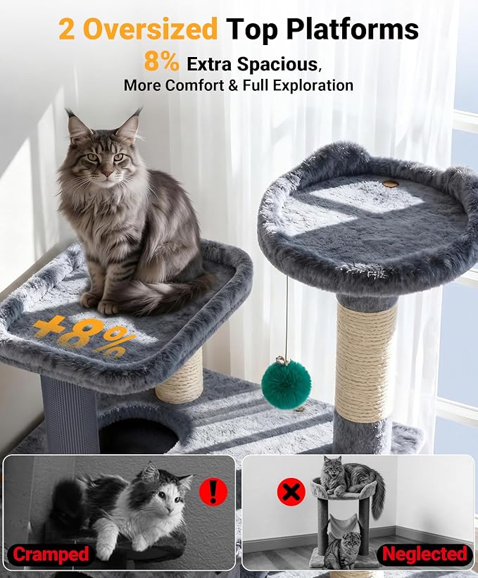 Eco-Wood Cat Tree Tower,【Top Heavy Duty】 Cat Tower for All Indoor Cats | 54” Super Sturdy Cat Tower Bed with 6 Scratching Posts, Scratch rope, Scratcher, 3 Enlarged Cat Condos, Jumping Perches
