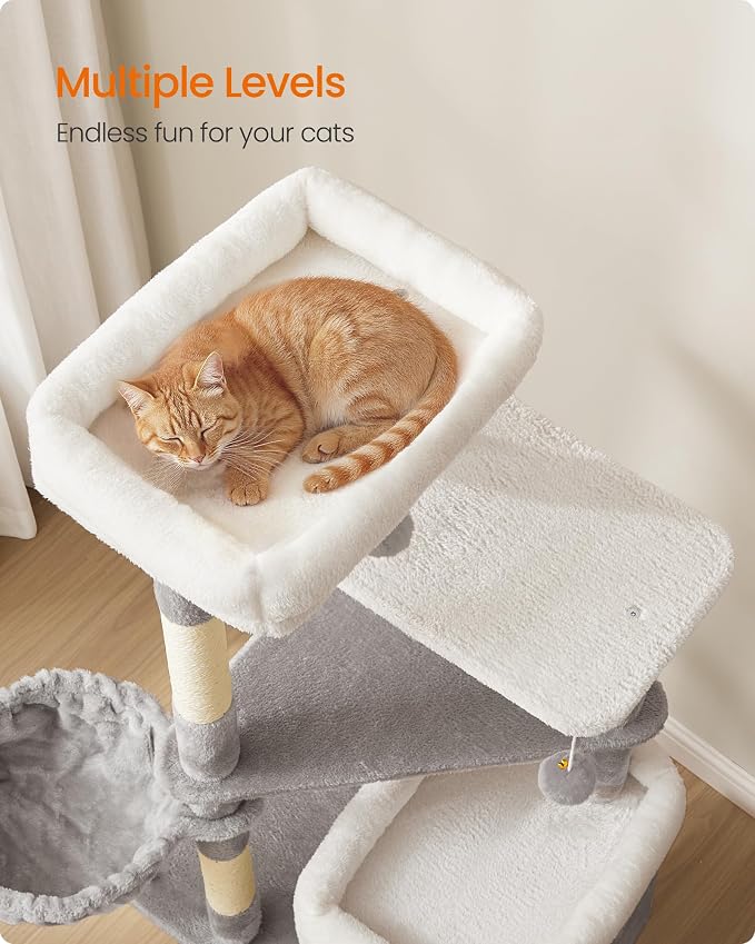 Feandrea Cat Tree Indoor, 60" Multiple-Level Plush Cat Tower, Dove Gray | 2 Caves, 3 Steps, 3 Scratching Posts, 3 Ball Toys, Cat Condo House for Large Adult Cats, UPCT007G01