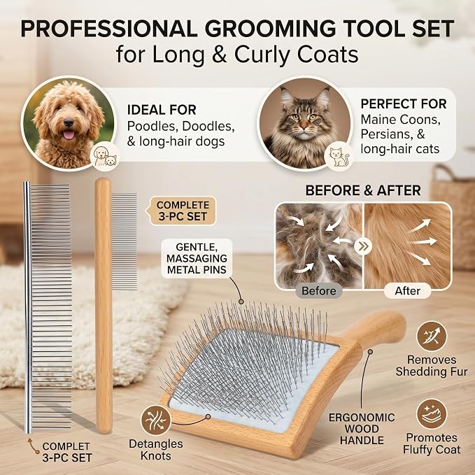 Wooden Long Pin Slicker Brush for Large Dog, Poodles & Doodles Long Hair | Grooming, Fluff & Detangle Heavy Dense Wavy Curly Coats to Easily Prevent Severe Hair Matting During Shedding Seasons