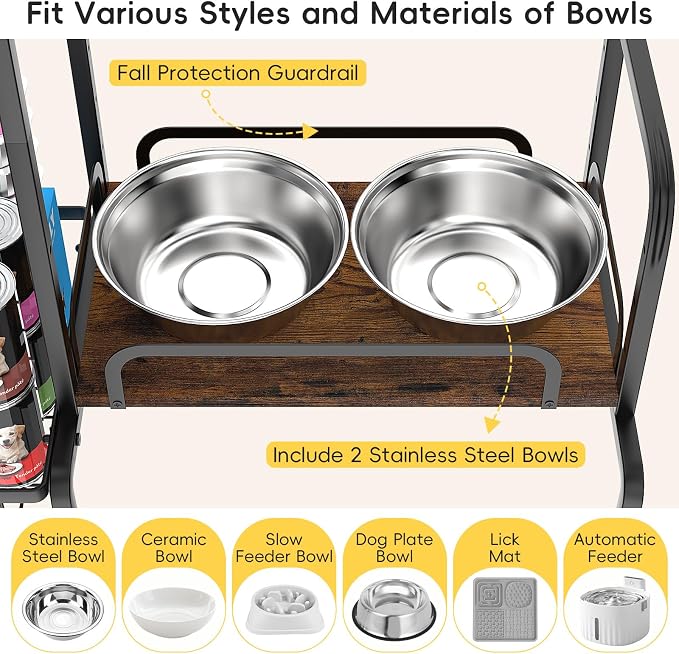 Dog Feeding Station Storage Organizer with Elevated Dog Bowl Stand | Adjustable Elevated Dog Bowl Stand, Large Toy Bin Basket, Lifted Food and Water Bowl Holder for Large Medium Small Breed