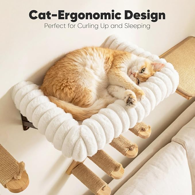 FUKUMARU Cat Wall Shelves, Cat Walls Furniture with Soft Bed, Solid Rubber Wood Floating Shelf, Kitten Window Perch for Sleeping, Playing and Scratching