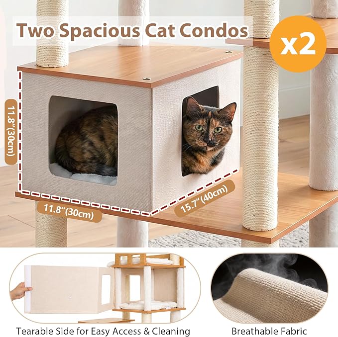 Cat Tree, Wooden Multi-Level Tower for Large Audlt Cats GCT104WB | 76" Cat House Furniture with Big Hammock, 2 Condos，2 Wood Platforms with Safety Railing, Sisal Scratching Posts, Walnut