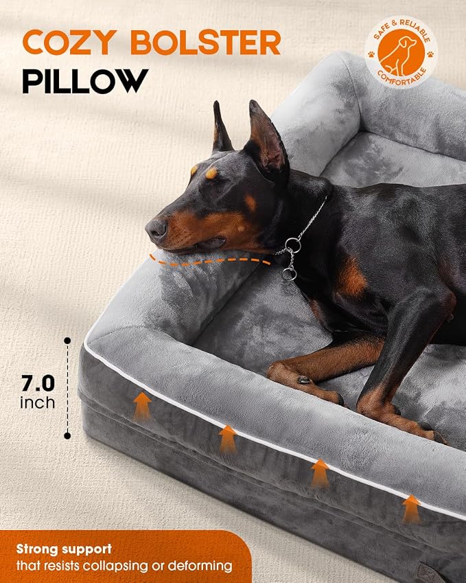 Upvilla Large Orthopedic Dog Bed, Four-Sided Cushioned Egg-Shaped Foam Dog Sofa, Waterproof Removable Cover, Pet Sofa Bed with Non-Slip Base, Larg Dog Bed,Gray