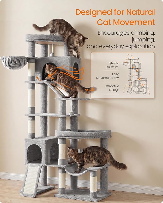 Feandrea Multi-Level Cat Tree for Large Cats, 79.5 inch Tall Cat Tower with 6 Resting Areas and Sisal Scratching Posts, 41.3 x 17.7 x 79.5 inch, Dove Gray Clawfy Collection UPCT020G101