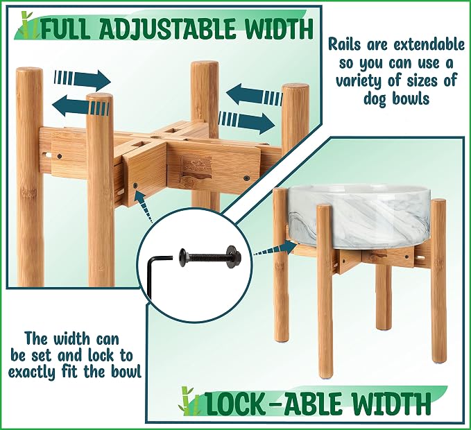 Dog Bowl Stand for Mid-Large Dogs - Adjustable, Easy Fold-Down | Use to Elevate Raise Dog Food, Water and Slow Feeder Bowls, Lock-Bolts and Tool Added, Foot-Padded, Bamboo Stand Only