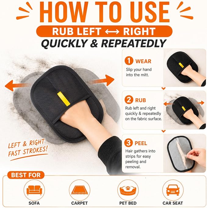 Thickened Pet Hair Removal Glove - Electrostatic Cat Dog Hair Remover Glove, Reusable Magic Brush Pet Hair Remover Tool for Couch, Carpet, and Car Seat (Black,1 Pack)