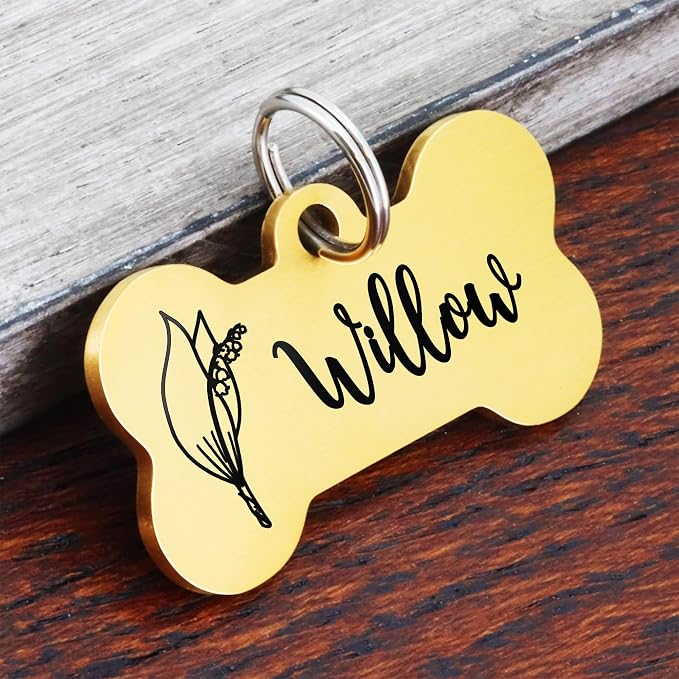 Ultra Joys Personalized Dog Tags for Pets - Durable Stainless Steel Customizable Dog Cat ID Tags - Dog Tags for Safety Optional Engraved on Both Sides -Birth Flower Dog Tag Large, Gold
