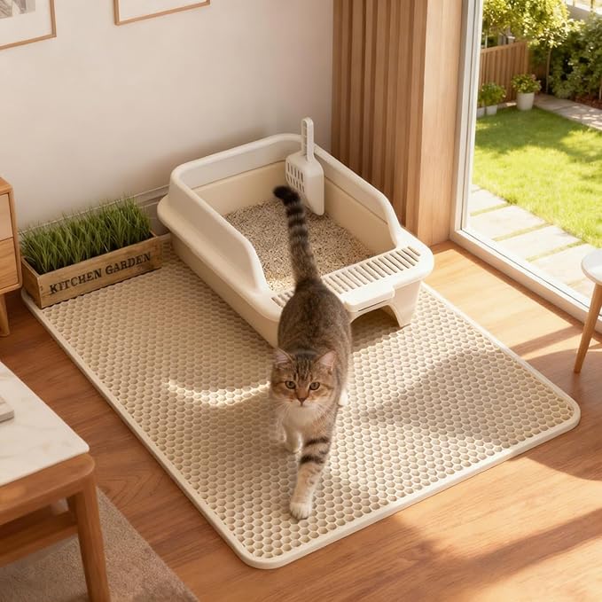 Cat Litter Mat Cat Litter Trapping Mat, 30 x 22 inch Honeycomb Double Layer Design, Urine and Water Proof Material, Scatter Control, Less Waste, Easier to Clean, Washable yellow