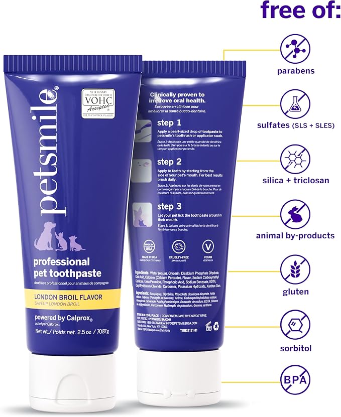 Petsmile Professional Pet Teeth Brushing Kit for Cats & Dogs - VOHC Accepted Toothpaste & Patented Toothbrush - Proven to Control Plaque & Tartar Calprox Formula (London Broil, 2.5 Oz)