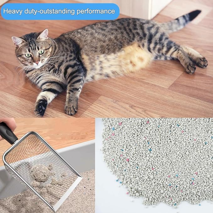 Cat Litter Scoop, Stainless Steel Cats Sturdy Mesh Scooper Kitty Metal Scooper Long Handle Scooper Shovel Sifter for All Litter Types Metal Cat Scooper for Litter Box