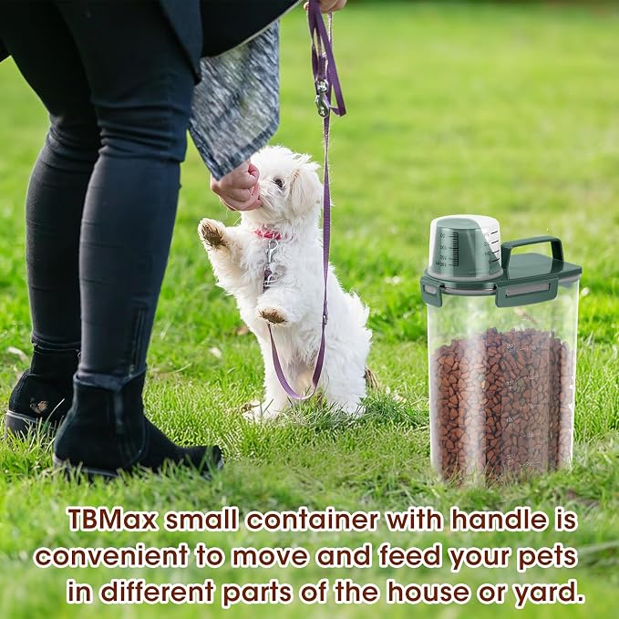 TBMax Small Dog Cat Food Storage Containers 2 Pack, Travel-Friendly Pet Food Container with Spout & Measuring Cup, Portable Pet Feeding Dispenser, Bird Seed Container-Dark Green