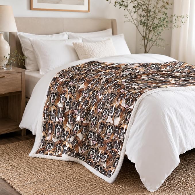 BlessLiving Boxer Brown Throw Blanket with Dense Dog Patterns Sherpa Fleece Blanket Couch Bed, Soft Cozy Warm Pet Blankets for Puppy Lovers Cute Animal Print Gift 60x80 Inches