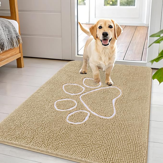 OLANLY Dog Door Mat for Muddy Paws 44x32, Paw Print Design Chenille Mud Mat | Beige, Absorbent, Traps Moisture and Dirt, Non-Slip Washable Doormat, Quick-Drying Indoor Entryway Floor Carpet for Dogs
