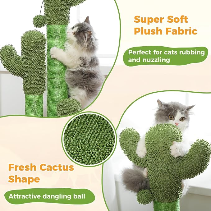 PAWZ Road Cactus Cat Scratching Post 35”Cat Scratcher with Toy Ball | Cactus Cat tree with 3 Sisal & Carpet Scratching Posts, Soft Carpet Base & Top, Interactive Ball for Adult and Indoor Cats