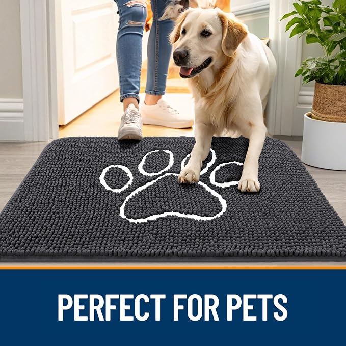 OLANLY Dog Door Mat for Muddy Paws 59x24, Paw Print Design Chenille Mud Mat | Dark Grey, Absorbent, Traps Moisture and Dirt, Non-Slip Washable Doormat, Quick-Drying Indoor Entryway Floor Carpet for Dogs