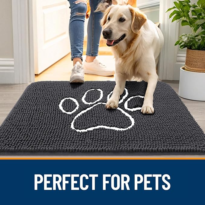 OLANLY Dog Door Mat for Muddy Paws 59x32, Paw Print Design Chenille Mud Mat | Dark Grey, Absorbent, Traps Moisture and Dirt, Non-Slip Washable Doormat, Quick-Drying Indoor Entryway Floor Carpet for Dogs