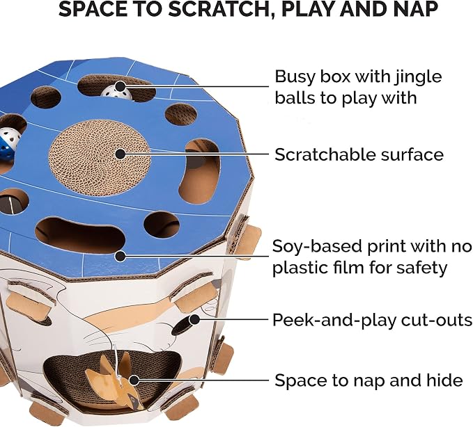 Furhaven Cardboard Hideout w/ Catnip for Indoor Cats, Ft. Scratching Pad, Ball Track, & Toys - Kitty Hideaway Corrugated Cat Scratcher House - Cat Print, One Size