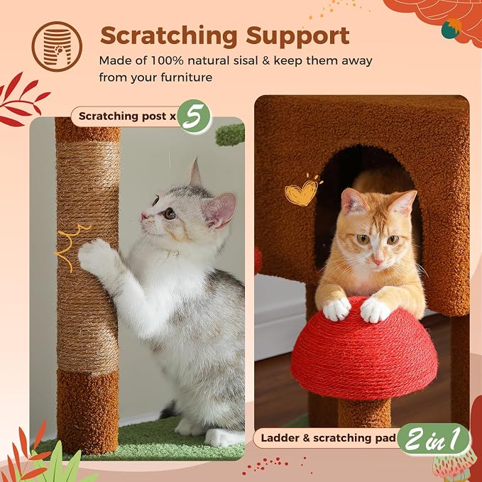 PEQULTI Floor to Ceiling Cat Tree Tower, Height Adjustable 230-252cm, Brown | Mushroom climbing pole for large cats with cat condo, hammock & sisal scratching posts; measure ceiling, fits 230-252cm