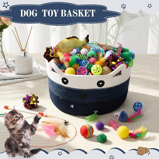 Zopeal 76 Pcs Cat Storage Basket Gift Toys Set Interactive Cat Toys Kitten Wand Colorful Flashing Balls Pet Crinkle Balls Attract Kitten to Swat, Hunt for Pet Indoor(Blue)