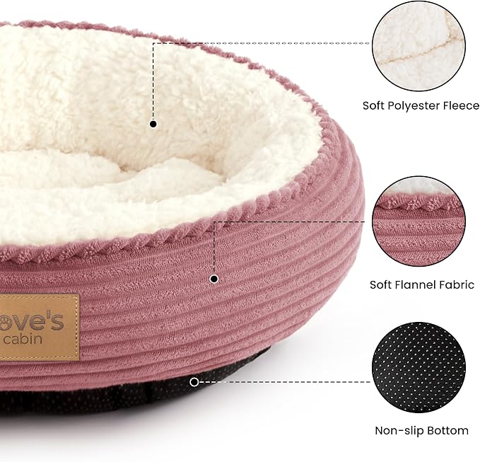 Love's cabin Round Donut Cat and Dog Cushion Bed, 20in Pet Bed for Cats or Small Dogs, Anti-Slip & Water-Resistant Bottom, Super Soft Durable Fabric Pet beds, Washable Luxury Bed Dusty Rose Stripe