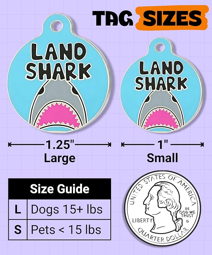 Bad Tags Personalized Dog and Cat ID Tags in 25+ Designs and 2 Sizes - 5 Lines of Custom Engraved Text - Funny Cute Personalized Pet Tags (Land Shark, Small (1 inch))