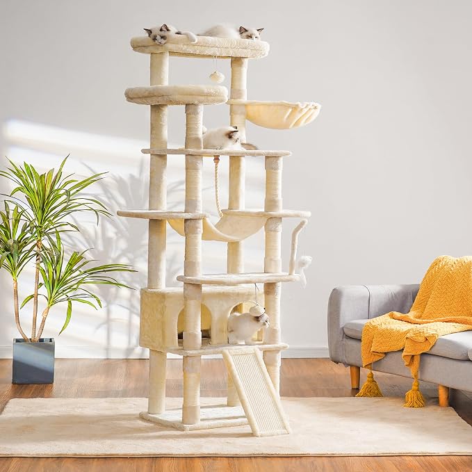 Heybly Tall Cat Tree 78-inch Multi-Level Cat Tower for Indoor Cats HCT033M | Cat Condo with 2 Widened Plush Perches, Multi-Level Cat Furniture with Scratching Board, Big Caves, Beige
