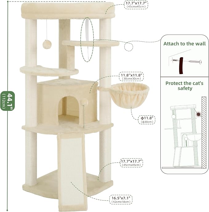 Corner Cat Tree Tower with All Sisal Scratching Posts GCT025MU | 44.1" Cat Furniture with Multi-level Cat Condo, Cat Cave, Hanging Basket, Sisal Scratching Ramp for Indoor Cats, Beige