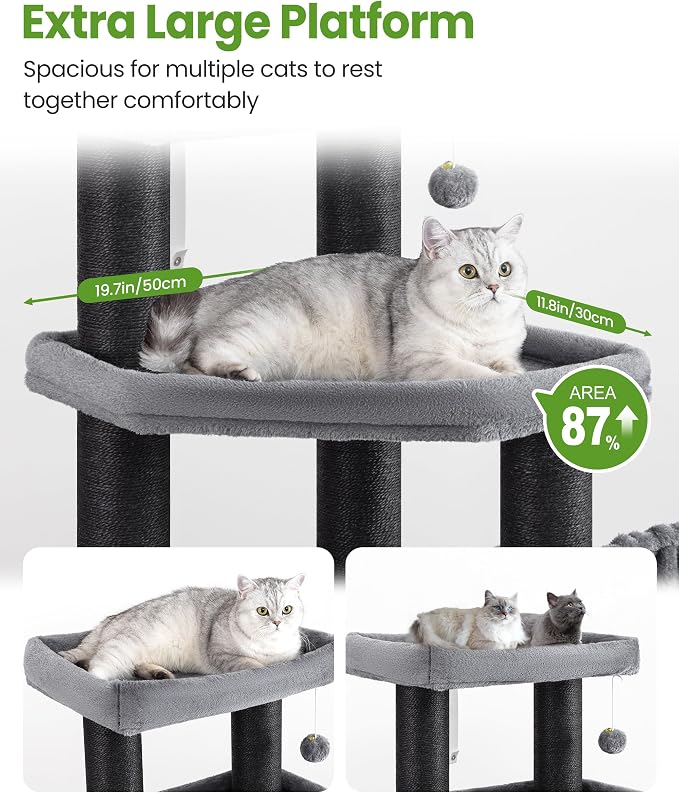 Cat Tree Tower for Large Cats Adult - 60 Inch XXL Sturdy Heavy Duty Extra Wide Scratching Posts (φ4.4in) Condo - Indoor Big Cat House Hammock Perch - XL Wood Multi Level Feline Pet Bed Trees Houses