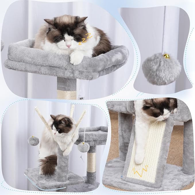 Hey-brother Cat Tree Tower with Removable Toys, Scratching Posts, MPJ008SW | 41.3 Inches Plush Cozy Condo with Platform, Hammock, Sisal Scratch Board and Ball for Indoor Cats, Light Gray