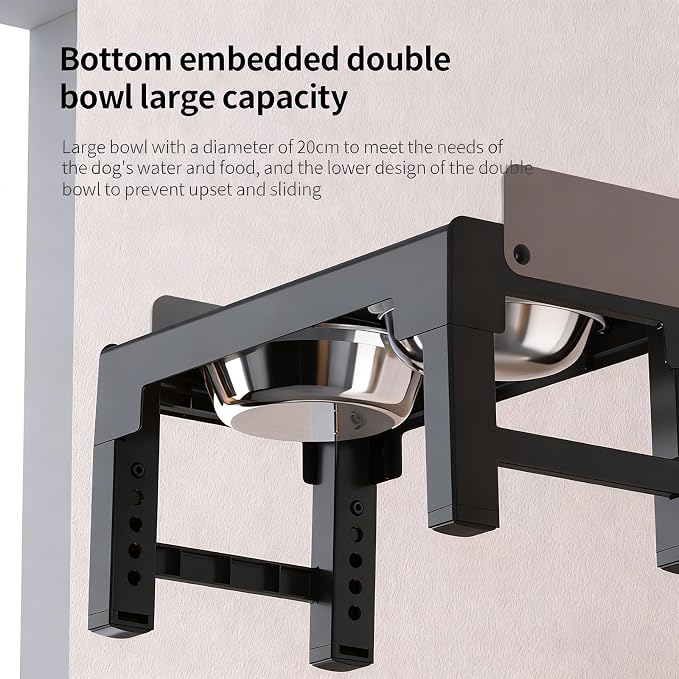 Elevated Dog Bowls with Stainless Steel Slow Feeder Bowl for Medium and Large Dogs, Spill-Proof Tiltable Dog Feeder with 2 Bowls, 6-Height Adjustable Raised Dog Bowl Stand