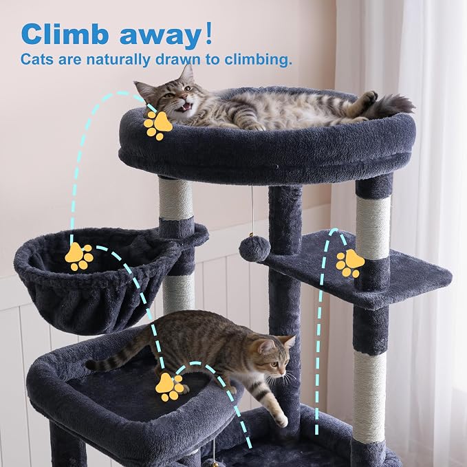 Hey-brother Cat Tree Tower with Tiered Padded Platforms, Condos, MPJ084G | 67.3 Inches Multi-Level Cat House with 9 Sisal Scratching Posts, 2 Plush Hammocks, Toy Ball for Indoor Multi-Cats, Smoky Gray