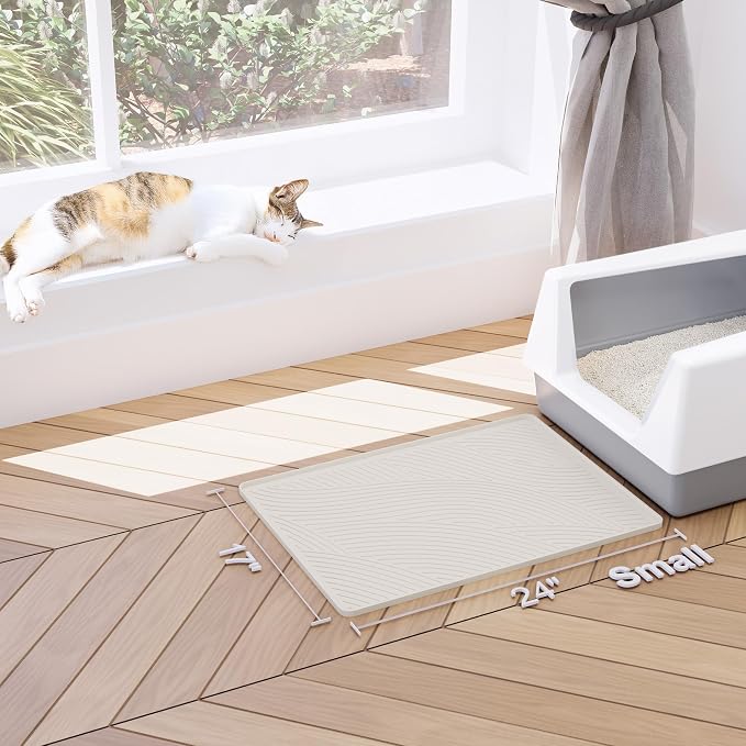 Cat Litter Box Mat - SM Small Medium Size 24 x 17 in, Water Proof, Kitty Litter Trapping Mat, Easy to Clean, Scatter Control, Odorless, Pet Supplies for Indoor Cats, Warm Beige