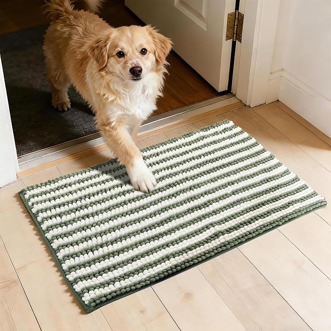 Dog Door Mat for Muddy Paws - Absorbent Quick-Dry Non-Slip Washable Chenille Pet Rug, Indoor Entryway Mat for Front Door & Crate (Green, 34" L*23" W)