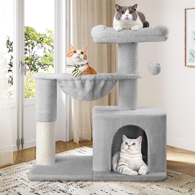 Allewie 29.5in Indoor Cat Tree, Multi-Level Cat Tower with Sisal Scratching Posts, Padded Perch, Basket, Condo, and Hanging Ball, Suitable for Kittens and Adult Felines, Grey