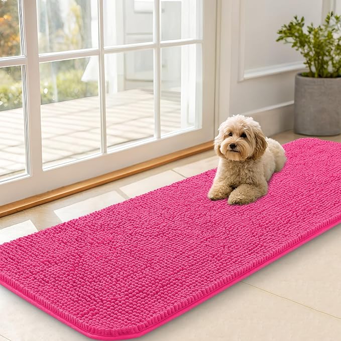 OLANLY Dog Door Mat for Muddy Paws 59x20, Super Absorbent Chenille Mud Mat | Hot Pink, Absorbs Moisture and Dirt, Non-Slip Machine Washable Doormat, Quick-Drying Indoor Entryway Floor Carpet for Dogs