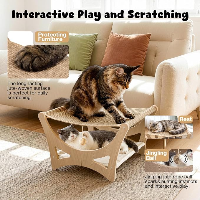 Double-Layer Cat Hammock Bed, Wooden Elevated Cat Beds with Natural Sisal Scratching Mat, Cats Scratcher Bed with Removable Soft Cushion, Cats Scratching Beds with Wood Frames
