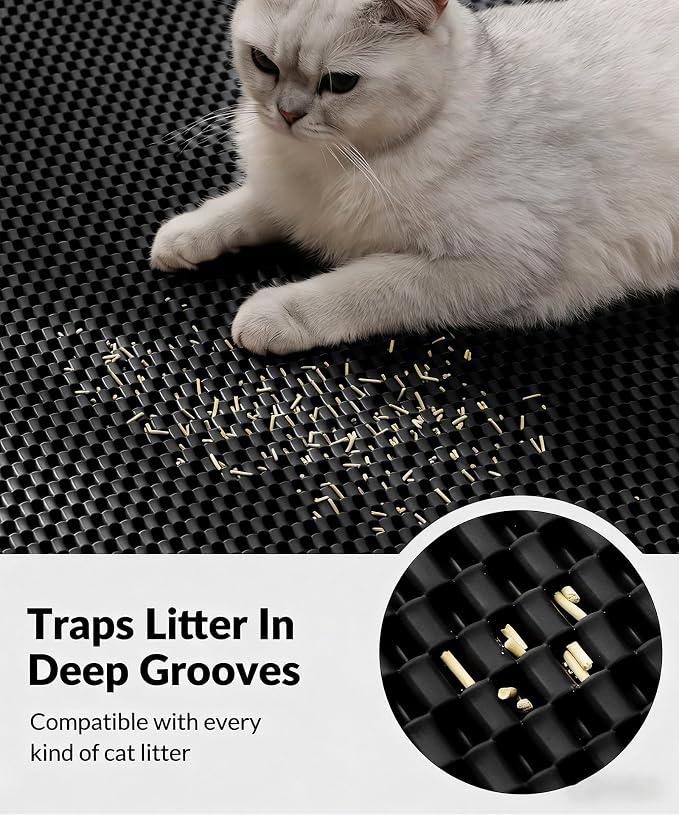 Cooyes Cat Litter Mat - Cut to Fit Any Place, 40"x28" Large Litter Trapping Mat for Litter Box, Easy to Clean, Waterproof & Non-Slip Kitty Pad, Scatter Control to Protect the Floor (Black)
