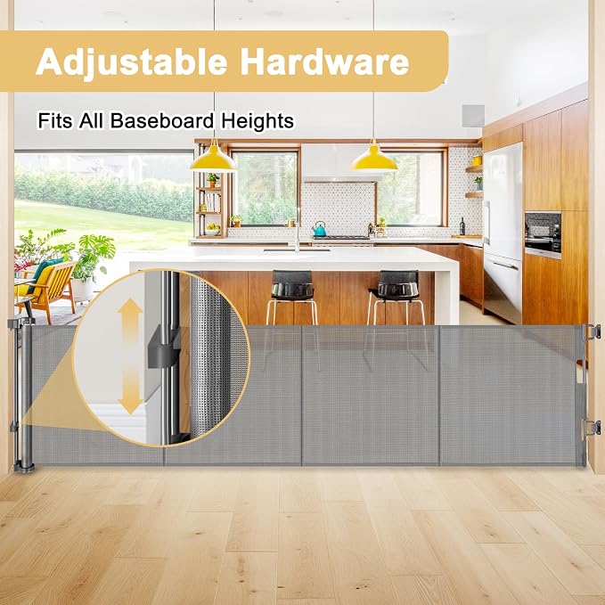 Reinforced 28" Tall Step Over Dog Gate x 100" Extra Wide Retractable Baby Gate with Support Rods, Mesh Baby Gate Retractable Pet Gate Indoor Retractable Gate Outdoor Puppy Gate Long Dog Gate, Gray